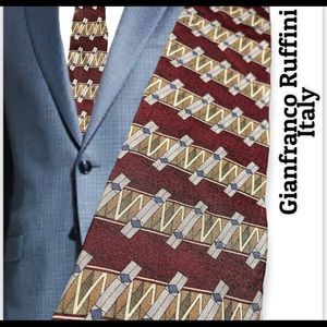 Gianfranco Ruffini Italian silk necktie red/gold/silver/slate blue